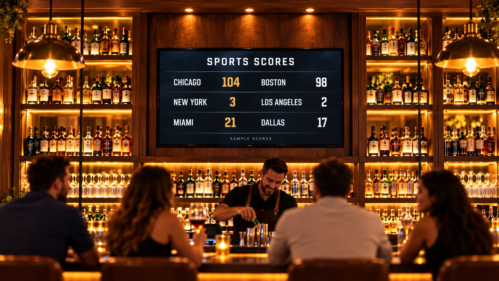 A lively, warmly lit bar with a realistically sized sports scoreboard in sharp focus and softly blurred patrons in the foreground